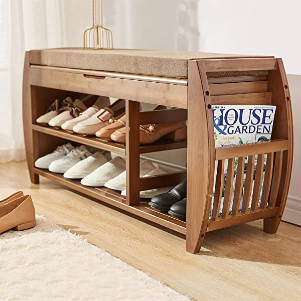 Bamboo Shoe Rack & Shoe Bench, Entryway Storage Organizer, Multi Function for Hallway Bathroom Living Room Corridor and Garden, Detachable Cushion with Hidden Storage Compartment 40.1×11.2×18.3