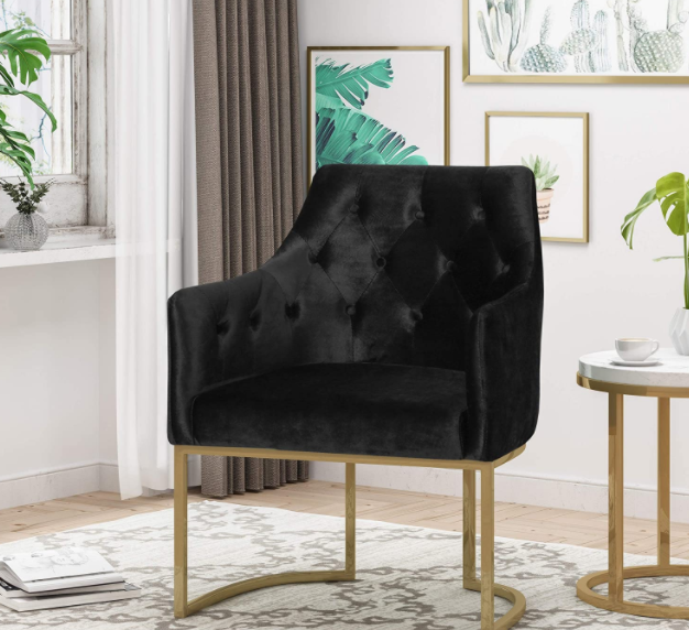 Christopher Knight Home Fern Modern Tufted Glam Accent Chair with Velvet Cushions and U-Shaped Base, Black and Gold Finish