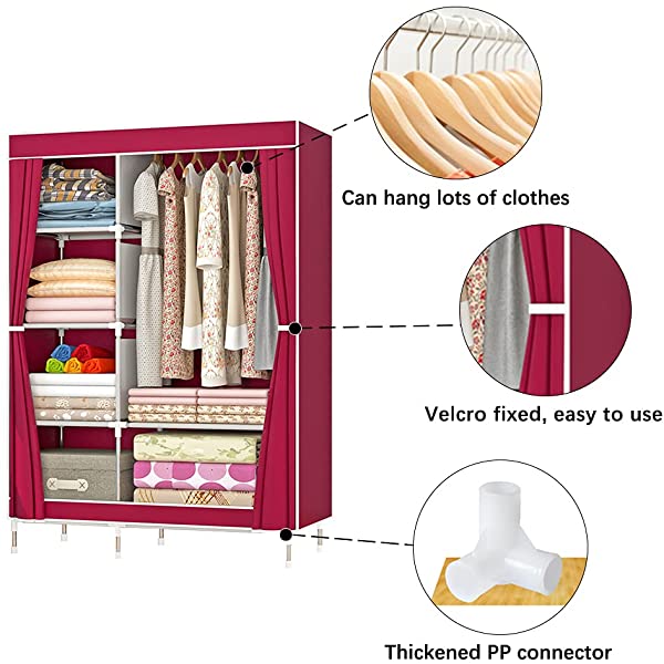 QUMENEY Wardrobe Storage Closet, Portable Clothes Standing Shelves Organizer, Extra Strong and Durable Non-Woven Fabric Rack with Hanging Rods, Quick and Easy to Assemble (Pink Dots)