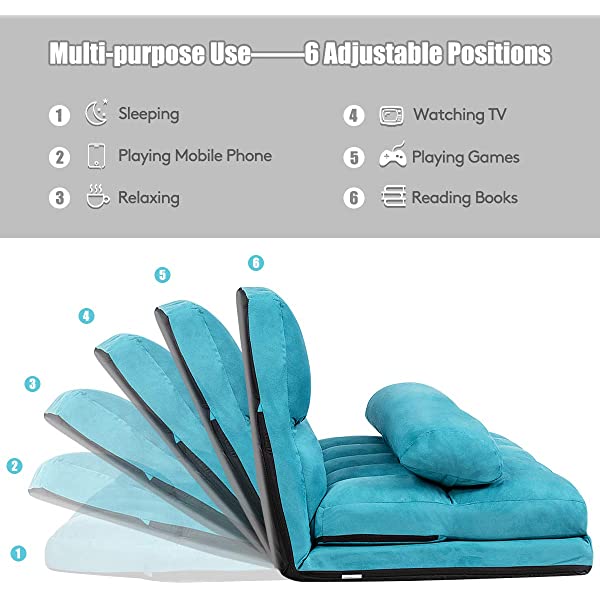 Giantex Adjustable Floor Sofa, Foldable Lazy Sofa Sleeper Bed 6-Position Adjustable, Suede Cloth Cover, Floor Gaming Sofa Couch with 2 Pillows for Bedroom/Living Room/Balcony (Blue)