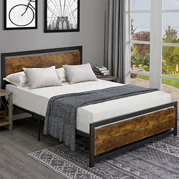 Amerlife Queen Size Bed Frame with Wood Headboard - Metal Platform Bed with Industrial Footboard - Heavy Duty Steel Mattress Foundation/ 4 U-Shaped Support Frames/Rustic Country Style/Easy Assembly Queen Dark Brown