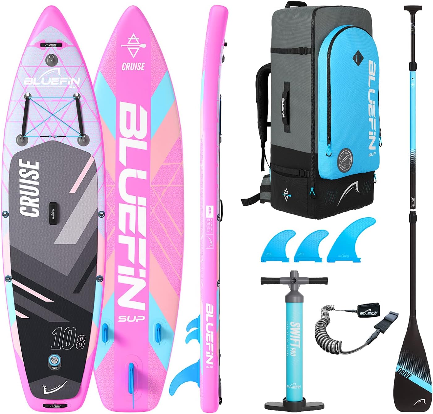 Bluefin Cruise SUP Inflatable Stand Up Paddle Board | Premium Paddleboard Accessories | Multiple sizes: Kids, 9'8, 10'4, 10’8, 12’, 15'