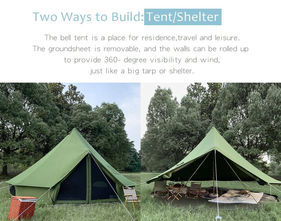 Breathable 100% Cotton Canvas Bell Tent, Waterproof Large Tents w Sturdy Center & Door Pole.