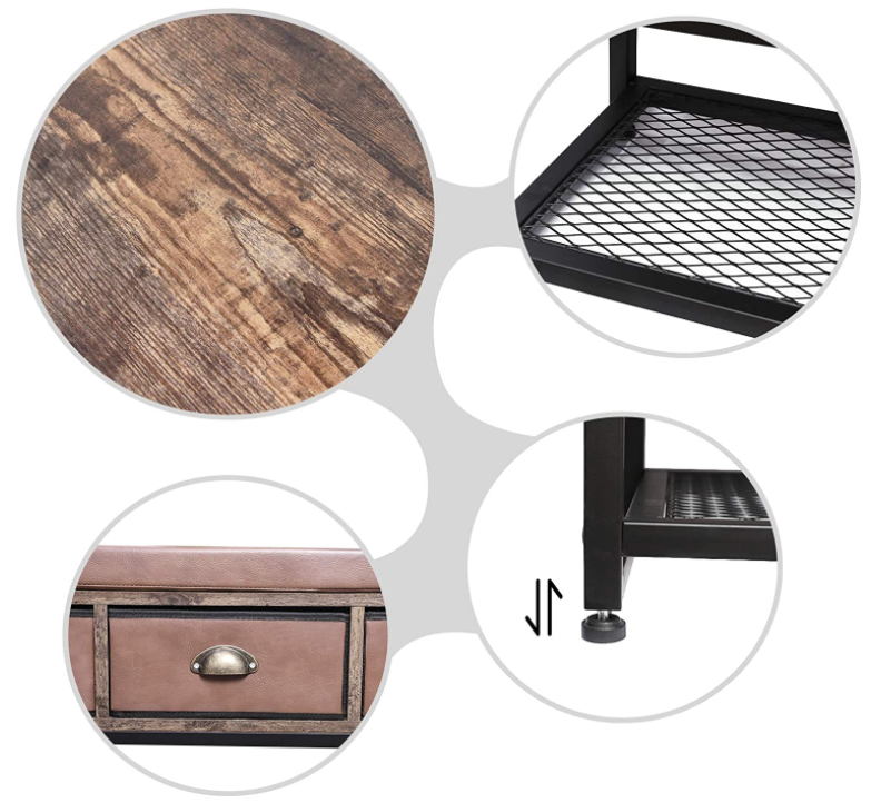 X-cosrack Industrial Shoe Bench Rack, 3-Tier Shoe Storage Organizer Shelf, Cushion Storage Bench with 3 Drawers &Mesh Shelf for Bedroom Hallway Entryway Living Room,Brown and Black