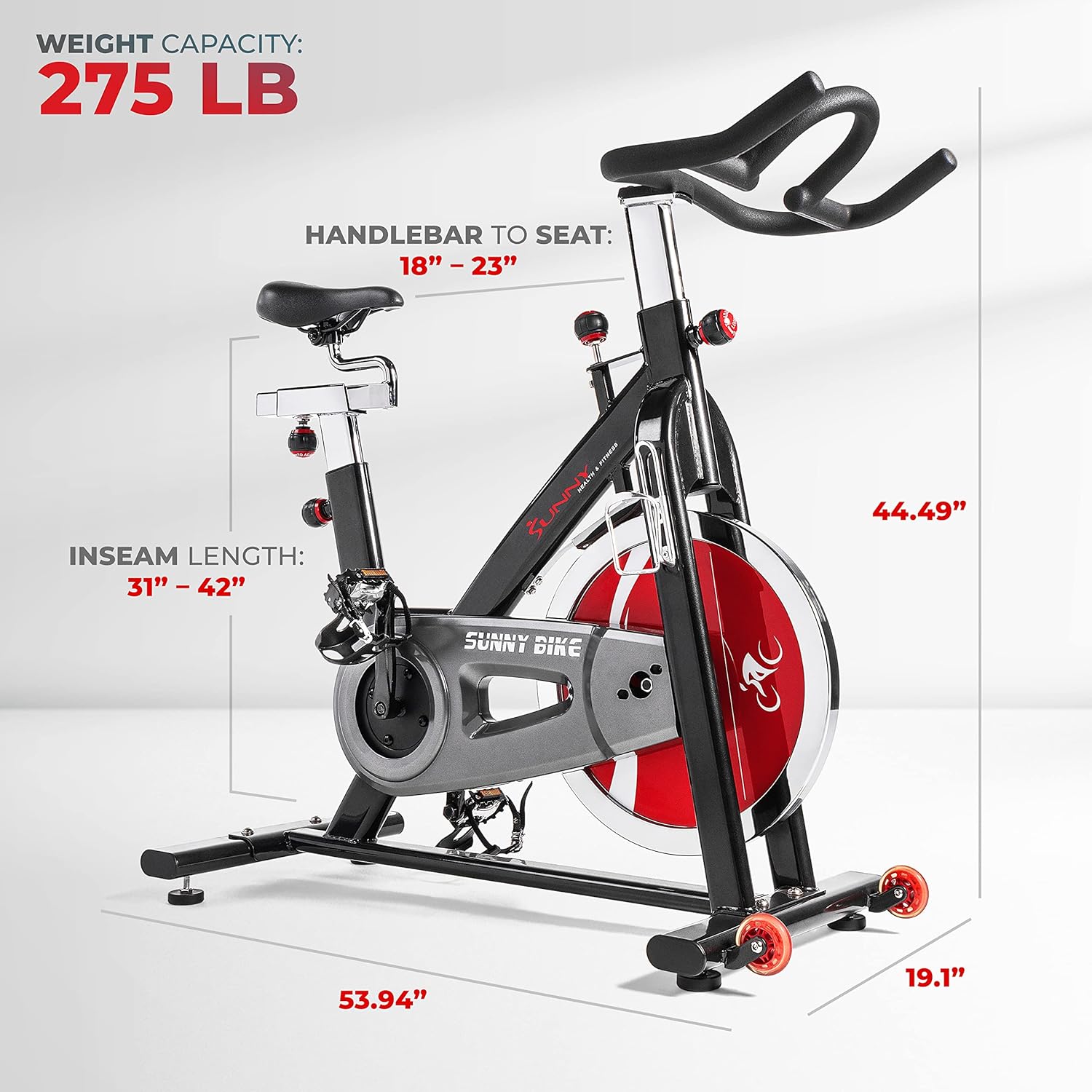 Sunny Health and Fitness Exercise Bike, Quiet Indoor Cycling Stationary Bike with Digital Monitor & Adjustable Seat, Cardio Workout Gym Equipment for Home Use, 49 LB Flywheel, SF-B1002