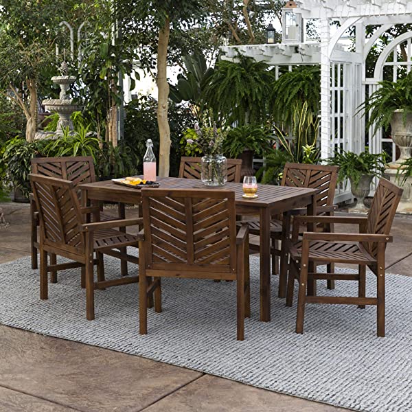 Walker Edison 5 Person Outdoor Wood Chevron Patio Furniture Dining Set Table Chairs Bench All Weather Backyard Conversation Garden Poolside Balcony, 4 Piece, Brown Brown 4 Piece Dining Set