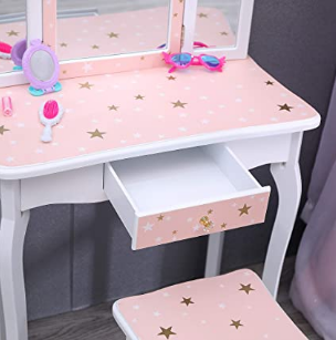 Nromant Kids Vanity Table and Chair Set, Girls Vanity Set with Mirror and Stool, Tri-Folding Mirror, Makeup Dressing Princess Table with Drawer, Kids Vanity Set with Mirror Age 4-9