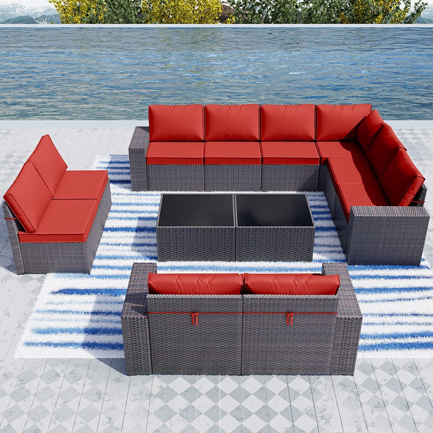 【Furniture】Outdoor Patio Furniture Set 12 Pcs Sectional Rattan Sofa Set Brown PE Wicker Patio Conversation Set