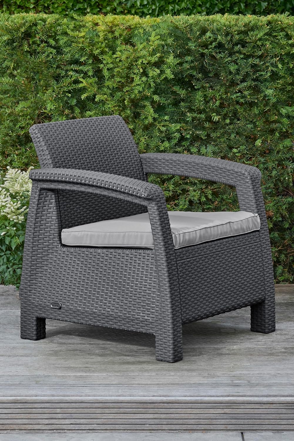 Keter GF06784 Corfu Outdoor 4 Seater Rattan Sofa Furniture Set with Accent Table - Graphite with Cream/Mushroom Cushions