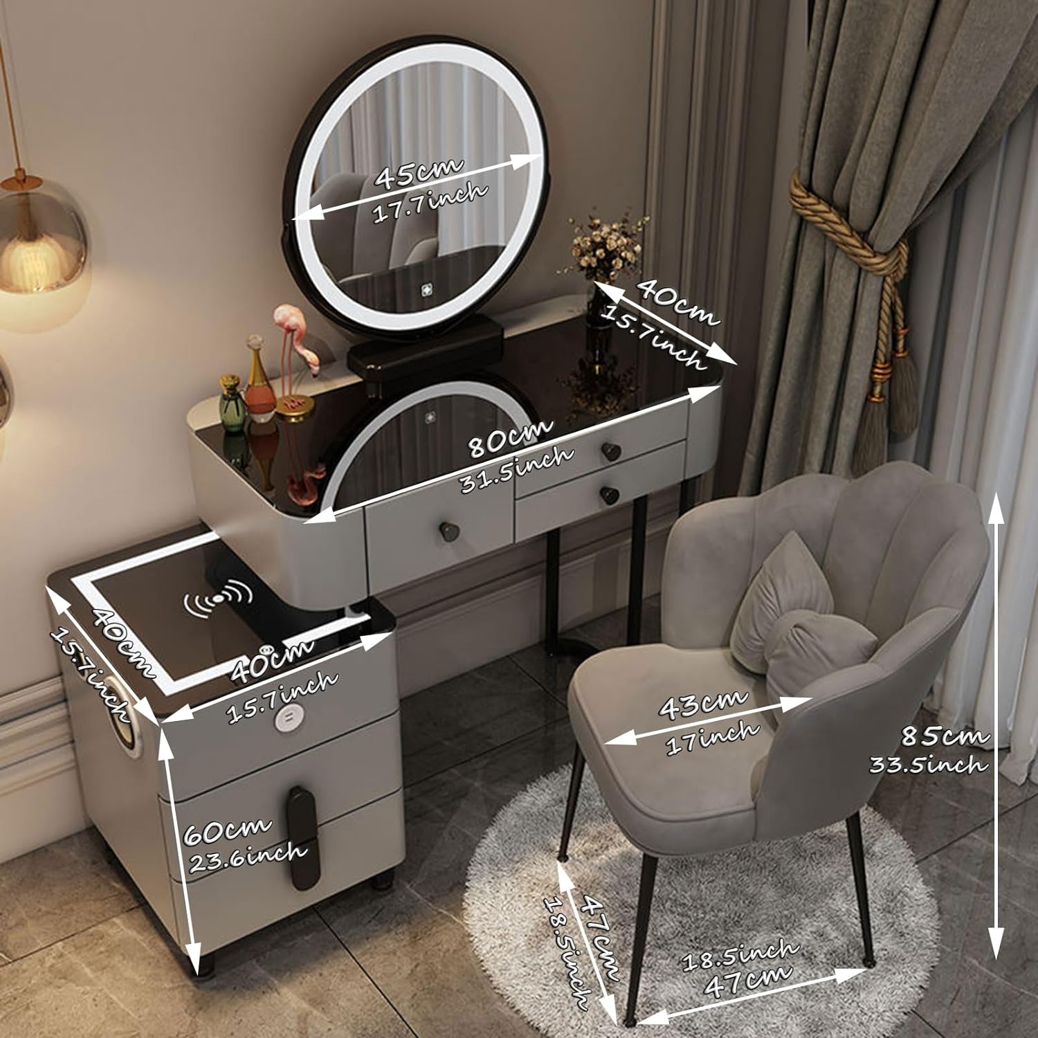 GOOCOO Dressing Table - Makeup Vanity Desk with Wireless Charging Station and Bluetooth Speaker - Vanity Set Contains Makeup Mirror, 5 Drawers and Makeup Stool for Bedroom