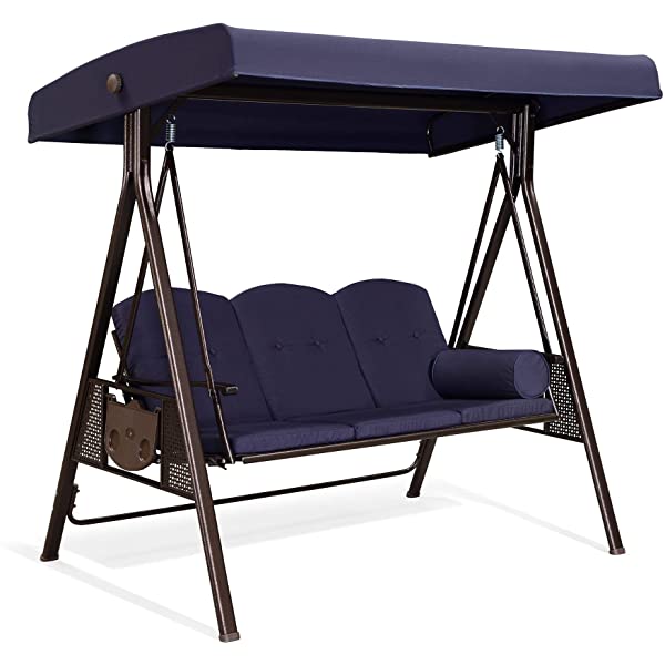 PURPLE LEAF 3-Seat Deluxe Outdoor Patio Porch Swing with Weather Resistant Steel Frame, Adjustable Tilt Canopy, Cushions and Pillow Included, Beige 74.4