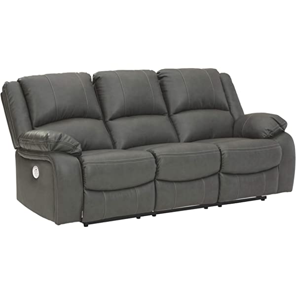 Signature Design by Ashley - Calderwell Contemporary Faux Leather Double Reclining Loveseat w/ Console - Adjustable - Gray Manual Loveseat Grey