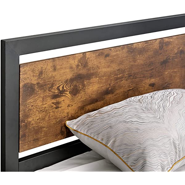 Amerlife Queen Size Bed Frame with Wood Headboard - Metal Platform Bed with Industrial Footboard - Heavy Duty Steel Mattress Foundation/ 4 U-Shaped Support Frames/Rustic Country Style/Easy Assembly Queen Dark Brown