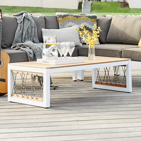 Walker Edison Harbor Modern 4 Piece Teak Wood and Metal Outdoor Modular Sectional with Knotted Rope Accents, Set of 4, White and Grey