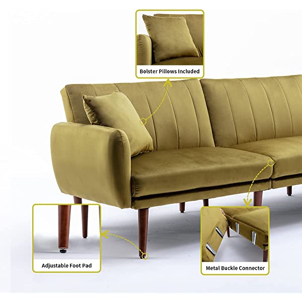 JOMEED Convertible Sectional Sofa Bed with Adjustable Backrest Modern Velvet Fabric L-Shaped Couch with Extra 2 Pillows Wide Chaise Lounge for Living Room (Orange)