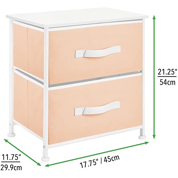 mDesign Storage Dresser End/Side Table Night Stand Furniture Unit - Small Standing Organizer for Bedroom, Office, Living Room, and Closet - 2 Drawer Removable Fabric Bins - Gray/White Grey