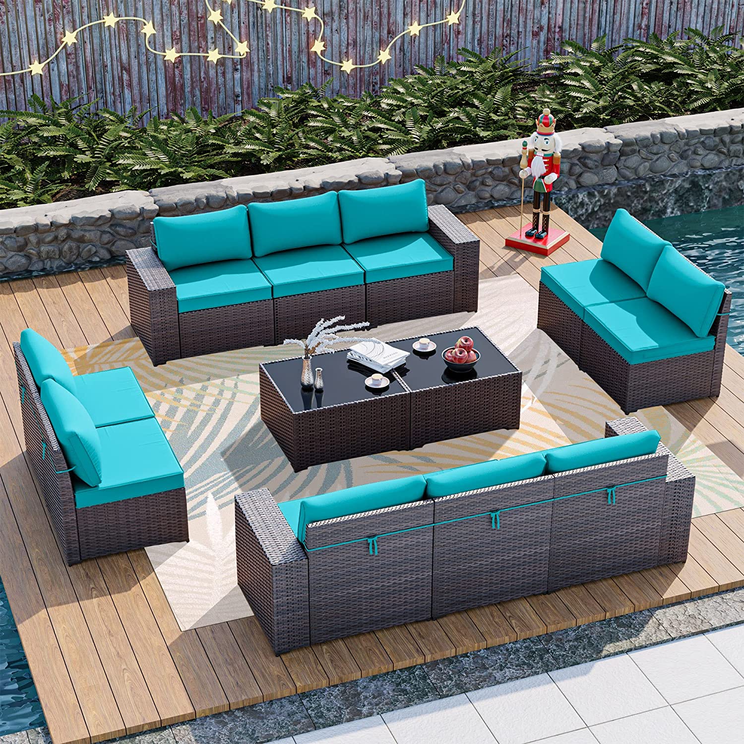 【Furniture】12 Pcs Outdoor Patio Furniture Set Sectional Sofa Sets Brown PE Rattan Patio Conversation Set