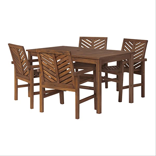 Walker Edison 5 Person Outdoor Wood Chevron Patio Furniture Dining Set Table Chairs Bench All Weather Backyard Conversation Garden Poolside Balcony, 4 Piece, Brown Brown 4 Piece Dining Set