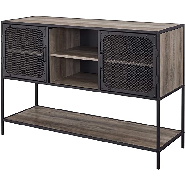 Walker Edison Malcomb Urban Industrial Metal Mesh Double Door Rolling Bar Cabinet, 33 Inch, Rustic Oak Rustic Oak 33 Inch