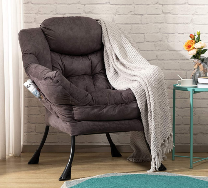 AbocoFur Modern Cotton Fabric Lazy Chair, Accent Contemporary Lounge Chair, Single Steel Frame Leisure Sofa Chair with Armrests and A Side Pocket, Thick Padded Back, Brown