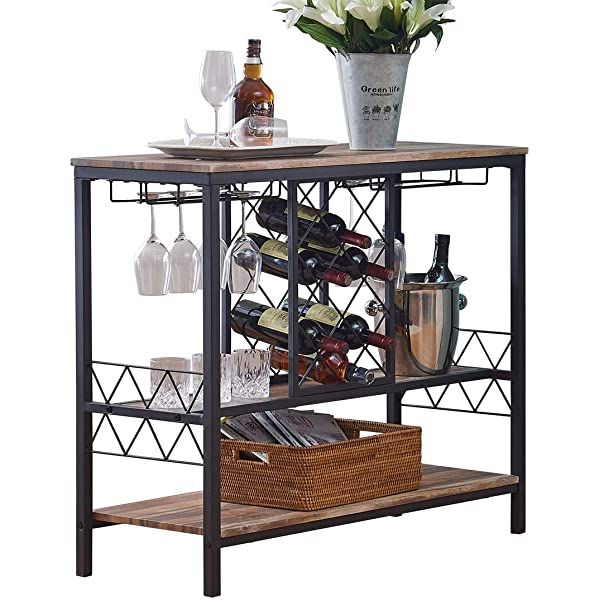 O&K FURNITURE Industrial Wine Rack Table with Glass Holder, Wine Bar Cabinet with Storage, Brown