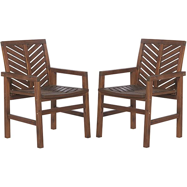 Walker Edison 5 Person Outdoor Wood Chevron Patio Furniture Dining Set Table Chairs Bench All Weather Backyard Conversation Garden Poolside Balcony, 4 Piece, Brown Brown 4 Piece Dining Set