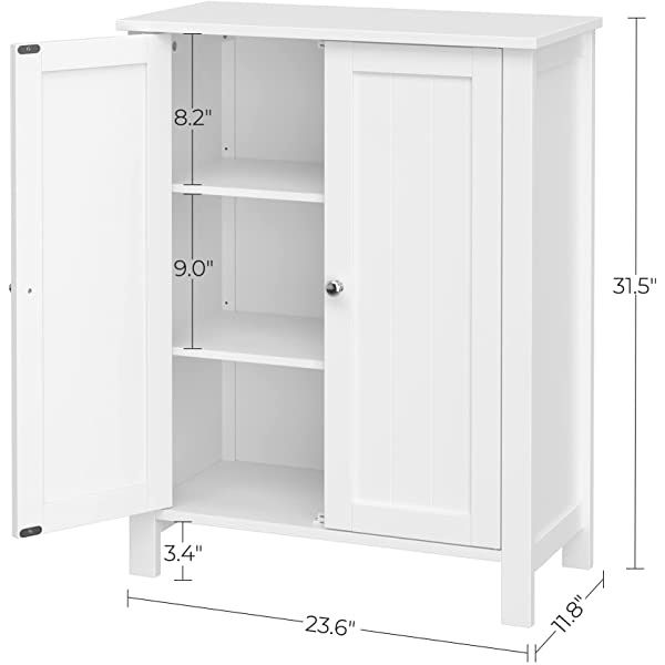VASAGLE Bathroom Floor Storage Cabinet with Double Door Adjustable Shelf, 23.6 x 11.8 x 31.5 Inches White UBCB60W