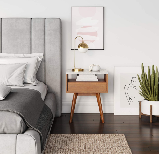 Nathan James James Mid-Century Rectangle Accent Side or End Table Walnut Finish Wood and Faux Marble Top with Storage Nightstand, Frame, White/Brown