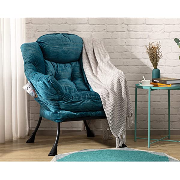 AbocoFur Modern Large Cotton Fabric Lazy Chair，Accent Contemporary Lounge Chair, Single Steel Frame Leisure Sofa Chair with Armrests and A Side Pocket, Beige