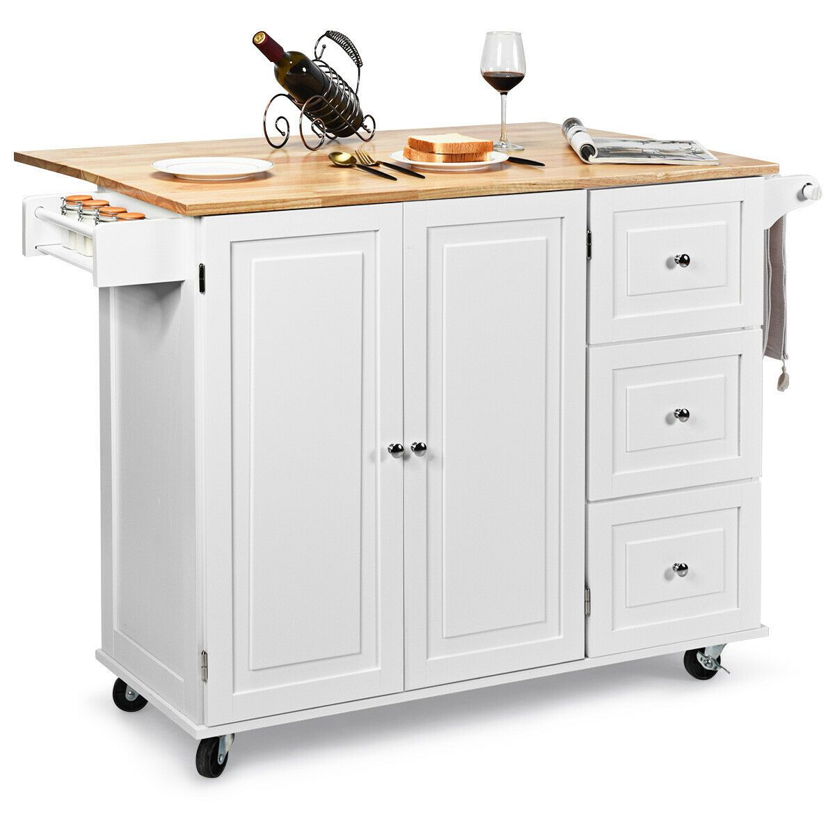 Kitchen Island Trolley with 3 Drawers and 2-door Cabinet