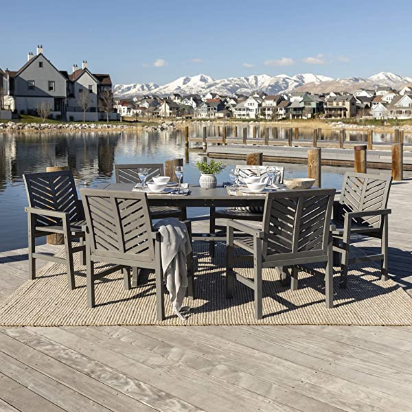 Walker Edison 5 Person Outdoor Wood Chevron Patio Furniture Dining Set Table Chairs Bench All Weather Backyard Conversation Garden Poolside Balcony, 4 Piece, Brown Brown 4 Piece Dining Set