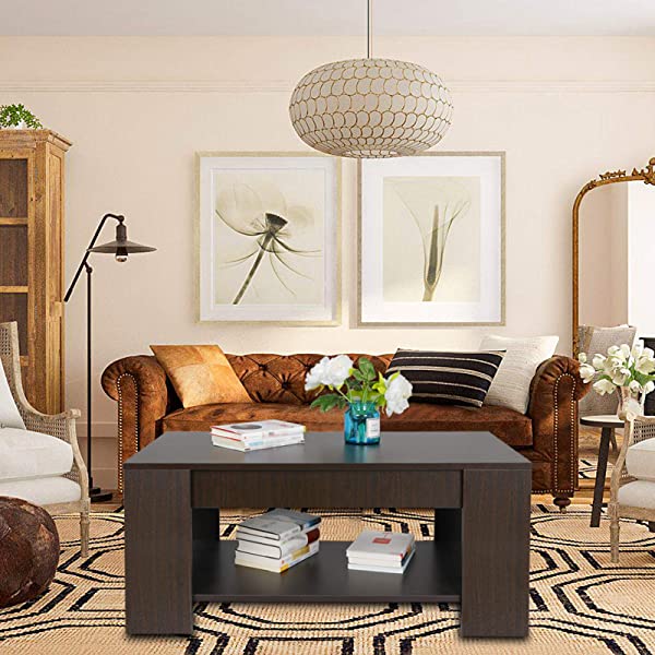 SUPER DEAL Lift Top Coffee Table w/Hidden Compartment and Storage Shelves Pop-Up Storage Cocktail Table for Living Room Reception Room Espresso