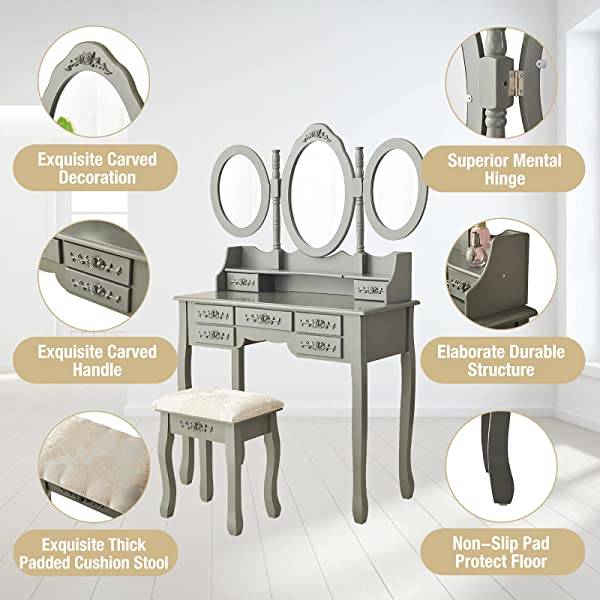 Vanity Table Set with Tri-Folding Mirror Makeup Dressing Table with Cushioned Stool & 7 Drawers and a Shelf, Makeup Dressing for Women, Girls, Bedroom (Grey)