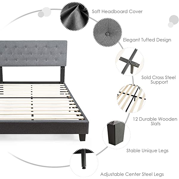 Giantex Shalini Upholstered Panel Platform Bed, Diamond Stitched Linen Panel Headboard, Metal Frame & 12 Strong Wooden Slat Support, Easy Assembly, Bed Mattress Foundation (Queen)