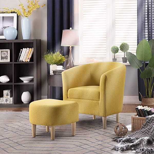 DAZONE Modern Accent Chair, Upholstered Arm Chair Linen Fabric Single Sofa Chair with Ottoman Foot Rest Mustard Yellow Comfy Armchair for Living Room Bedroom Small Spaces Apartment Office Yellow With Ottoman