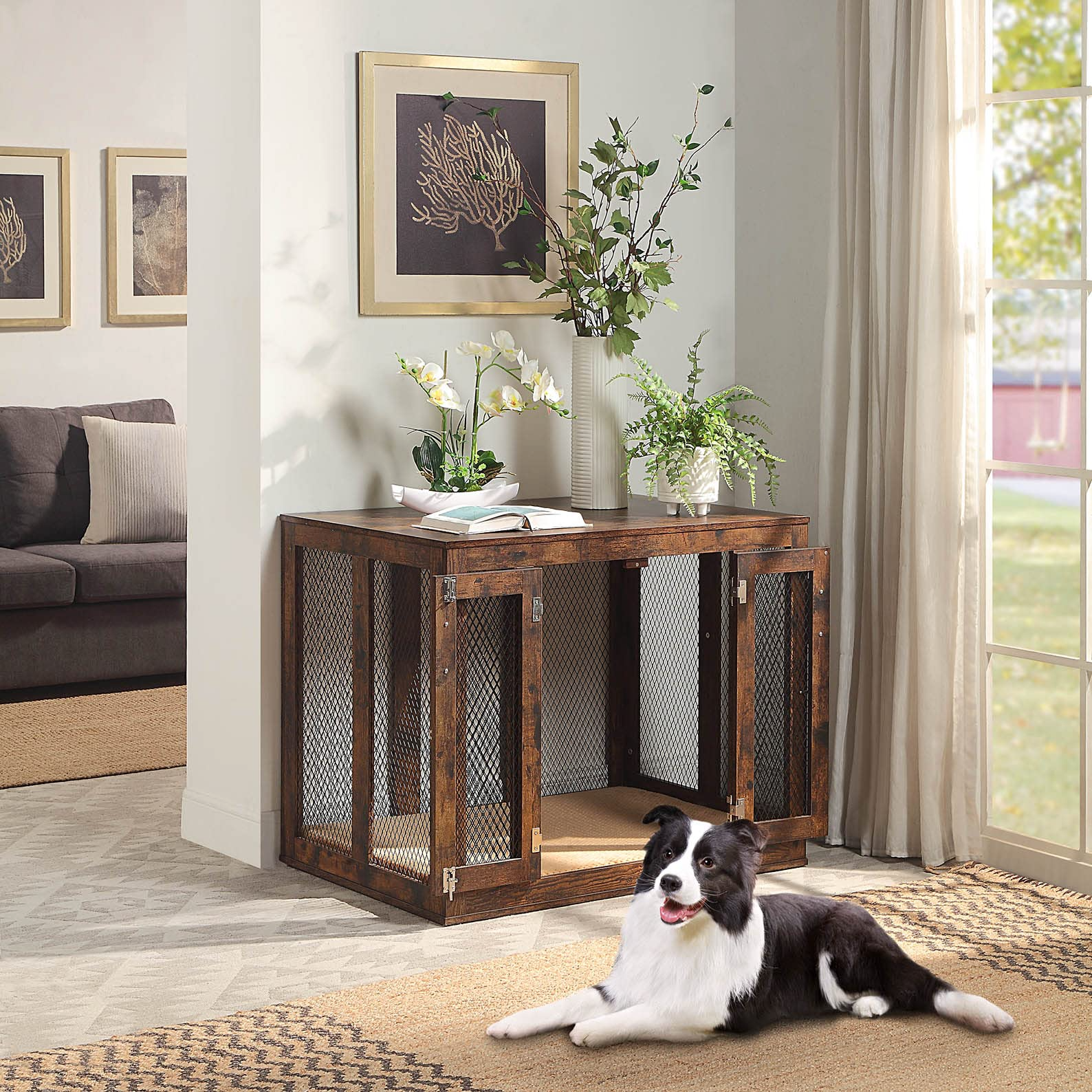【Home&Garden】Furniture Style Dog Crate with Cushion & Tray, Mesh Dog Kennels, End Table Dog House