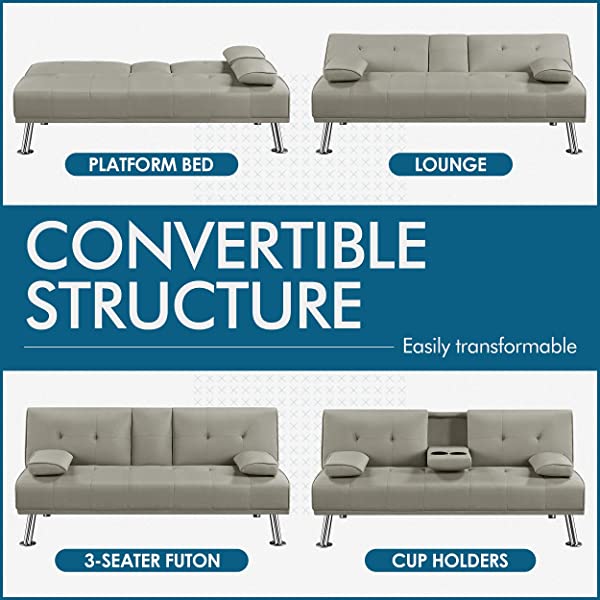 YAHEETECH Linen Fabric Modern Sofa Bed Sectional Couch Bed Folding Recliner Sleeper Reversible Loveseat Convertible Daybed, 2 Cup Holders, 3 Angles, 772lb Capacity, Removable Armrests, Dark Gray