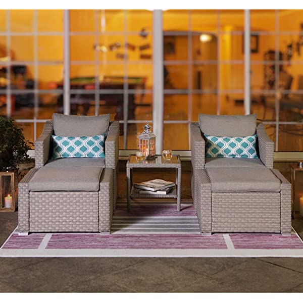 COSIEST 5-Piece Outdoor Furniture Lounge Set Warm Gray Wicker Sectional Sofa w Thick Cushions, Glass-Top Table, 2 Ottomans, 2 Teal Pattern Pillows for Garden, Pool, Backyard