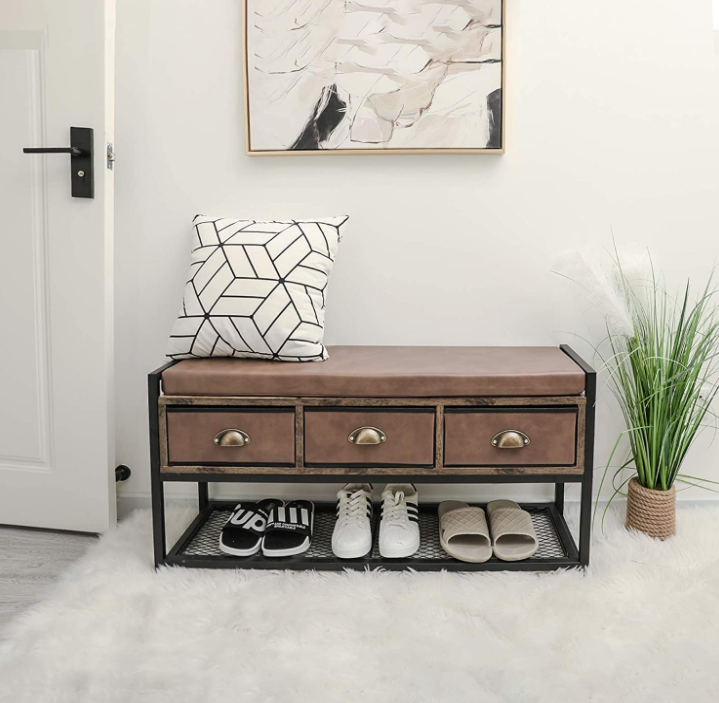 X-cosrack Industrial Shoe Bench Rack, 3-Tier Shoe Storage Organizer Shelf, Cushion Storage Bench with 3 Drawers &Mesh Shelf for Bedroom Hallway Entryway Living Room,Brown and Black