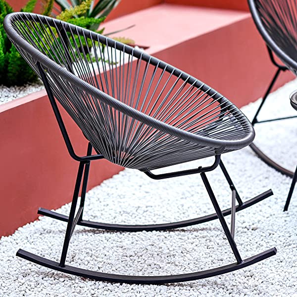 VONLUCE 3 Piece Outdoor Acapulco Bistro Set, Patio Furniture Set with Glass Top Table and 2 Rocking Chairs with Hand-Woven Rope, All Weather 3pc Conversation Set for Balcony and Patio Décor, Black