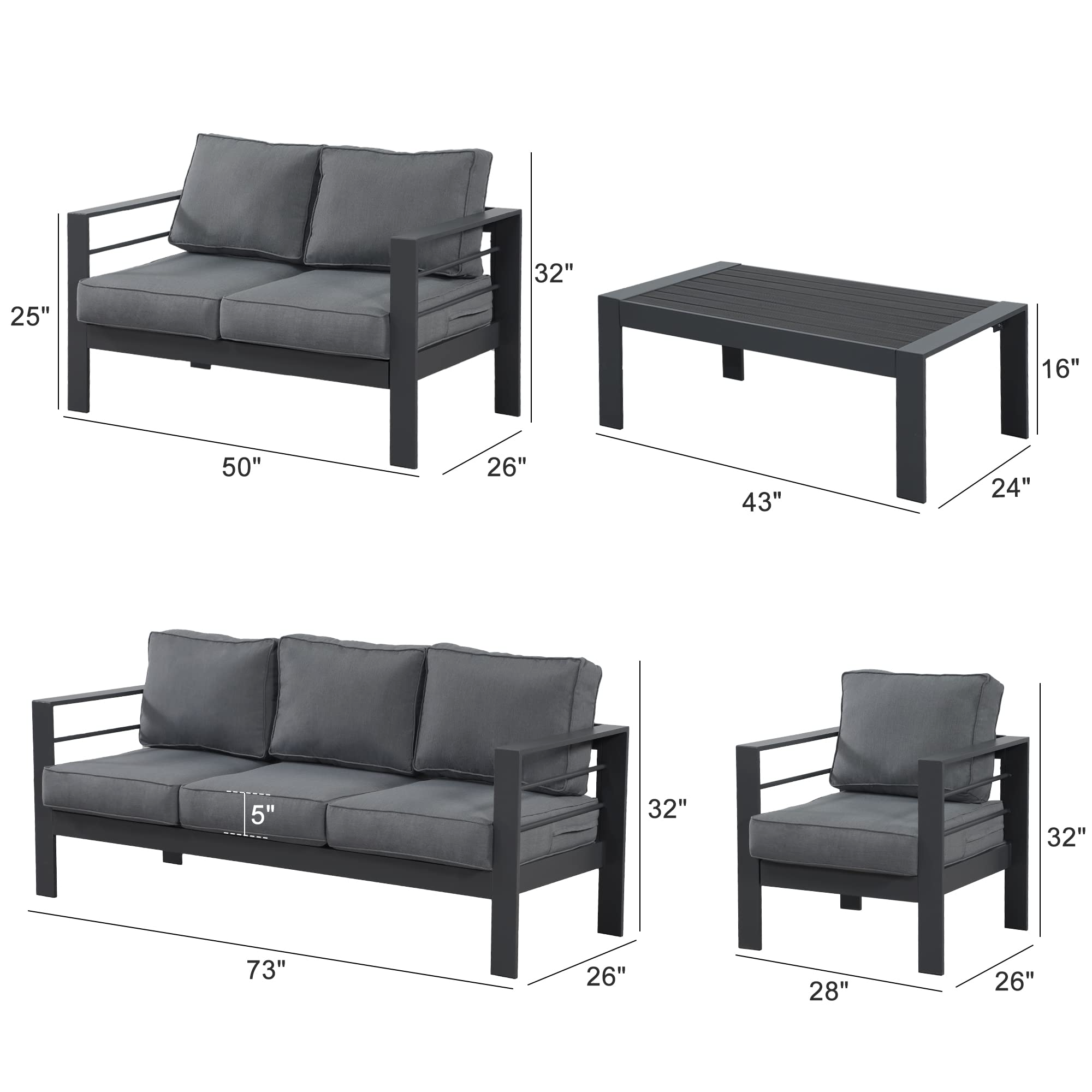 【Furniture】Aluminum Outdoor Patio Furniture Set, Outdoor Sectional Metal Sofa with 5