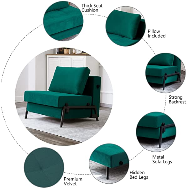 Vonanda Sofa Bed, Folding Velvet Sleeper Sofa, Modern Sleeper Chair Bed with Hidden Legs and Sturdy Frame for Small Living Space, Velvet Hunter Green