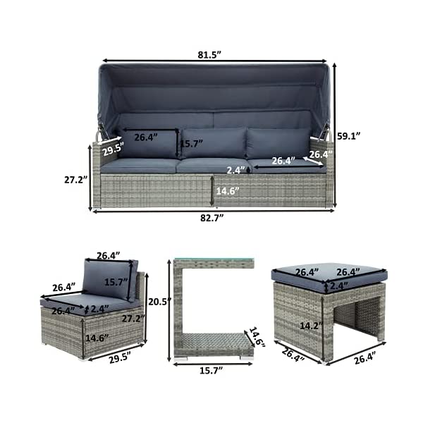 Lazyspace 5 Pieces Outdoor Sectional Patio Rattan Sofa Set Rattan Daybed, PE Wicker Conversation Furniture Set w/Canopy and Tempered Glass Side Table, Gray