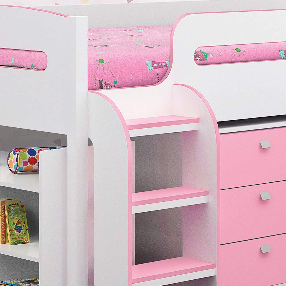 【Furniture】Kids Mid Sleeper Bed, Wood Contemporary Desk Drawers Shelf Storage Bed with Pocket Sprung Mattress