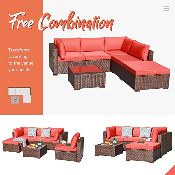 OC Orange-Casual 6-Piece Outdoor Patio Sectional Sofa Set Brown Wicker Furniture Set with Turquoise Seat Cushions & Tempered Glass Coffee Table