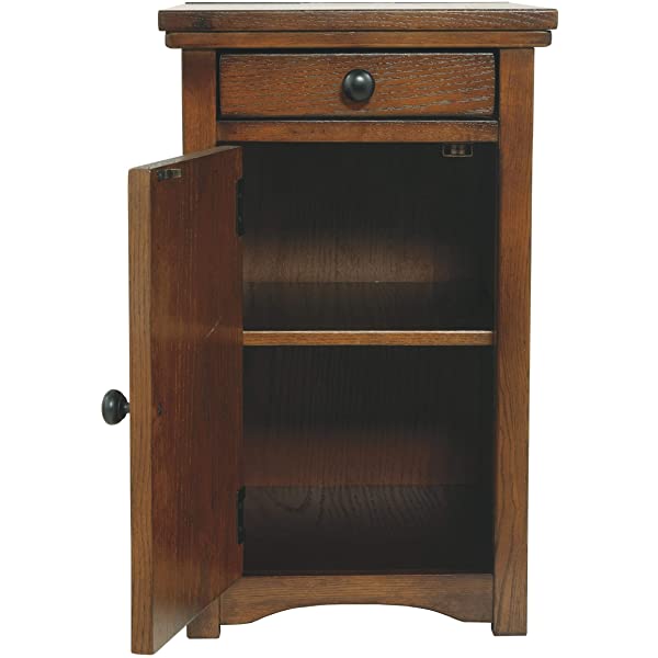 Signature Design by Ashley Tyler Creek Rustic Chair Side End Table with Pull-Out Tray & USB Ports, Brown Blackish Brown Table