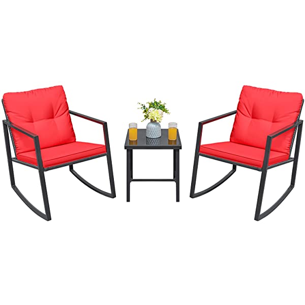 Greesum 3 Pieces Rocking Wicker Bistro Set, Patio Outdoor Furniture Conversation Sets with Porch Chairs and Glass Coffee Table, Beige