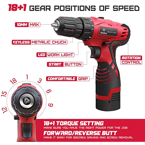 Dedeo Tool Set with Drill, 108Pcs Cordless Drill Household Power Tools Set with 16.8V Lithium Driver Claw Hammer Wrenches Pliers DIY Accessories Tool Kit Medium