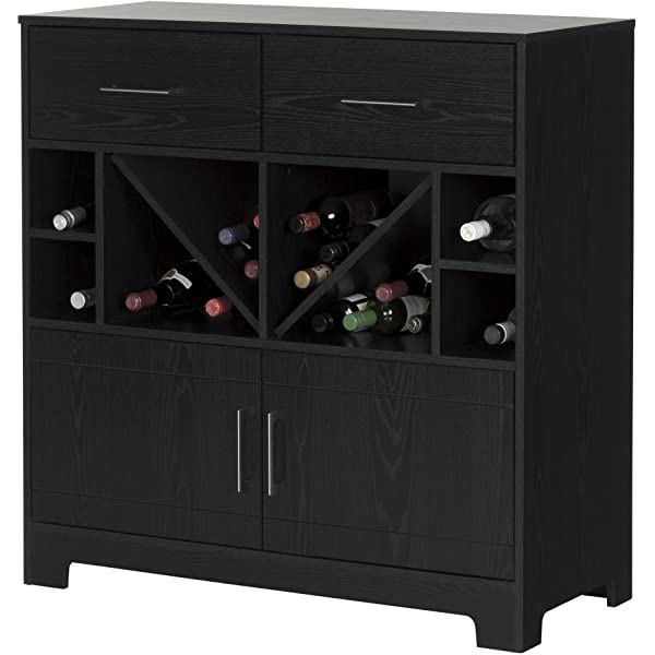 South Shore Vietti Bar Cabinet with Liquor and Wine Bottle Storage with Drawers, Black Oak with Metal Handles