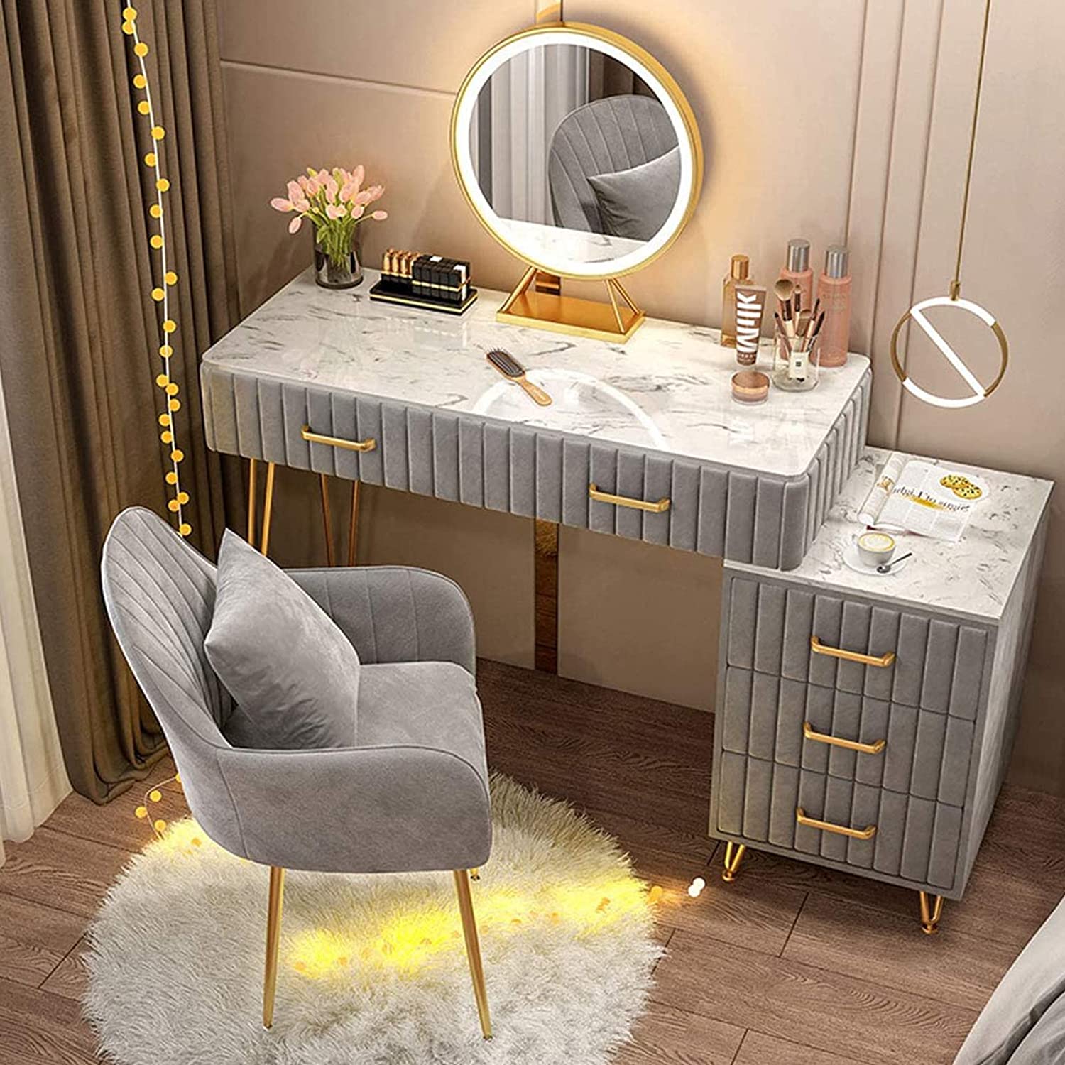 【Furniture】Marble Dresser Set with Illuminated LED Touch Screen Dimmable Round Mirror Makeup Cabinet